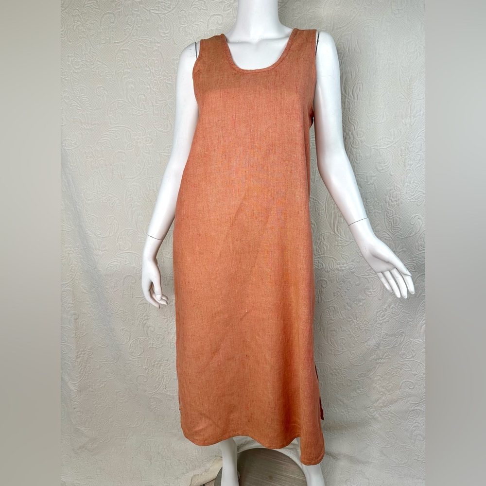 Flax by Jeanne Engelhart VTG Linen Sleeveless Midi Maxi Tank Dress Coral Orange